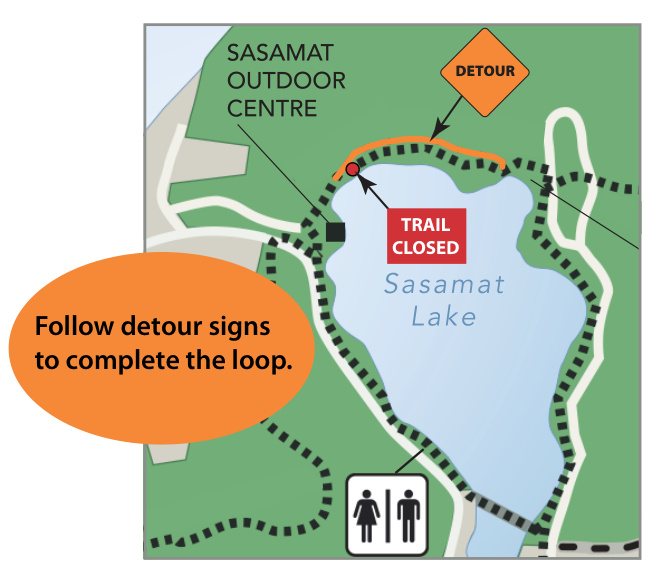 Metro Vancouver map of a Sasamat Lake loop stair closure and signed detour