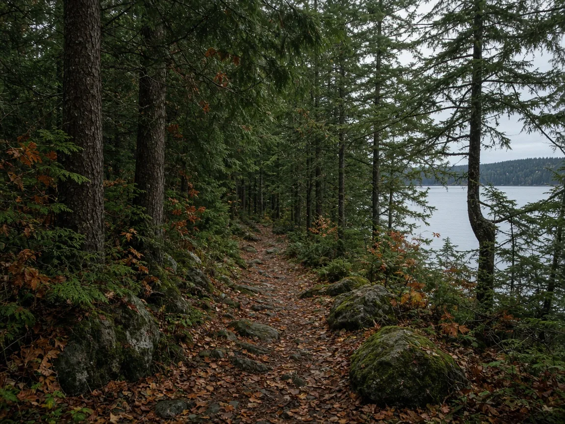 A rocky forest trail beside a calm inlet under tall evergreens
