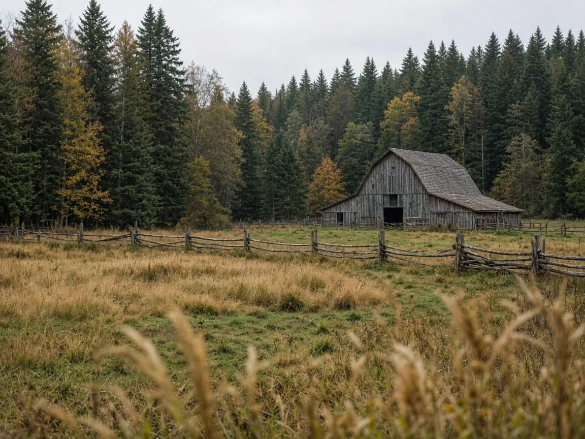 A weathered wooden barn and split rail fences in an autumn meadow