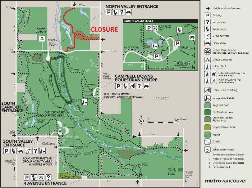 Metro Vancouver map of Campbell Valley Regional Park with the eastern McLean Pond construction closure marked in red