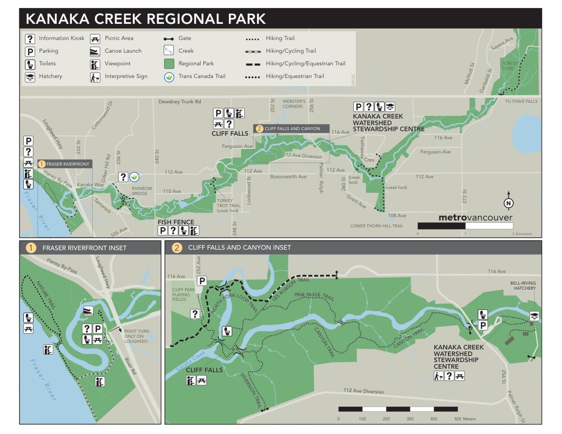 Metro Vancouver map of Kanaka Creek Regional Park showing Canyon Trail, Cliff Falls, the hatchery and the Fraser Riverfront