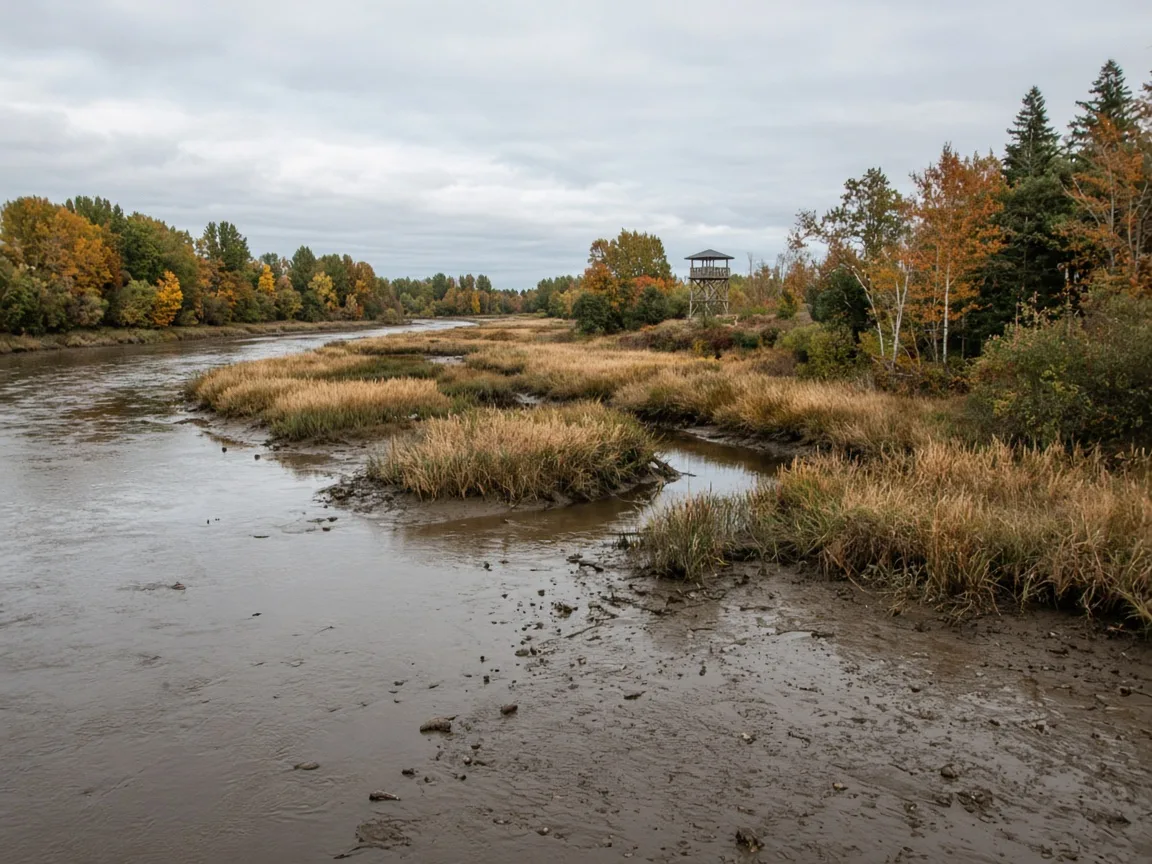 A wide river, marsh grass and a wooden viewing tower under an overcast autumn sky