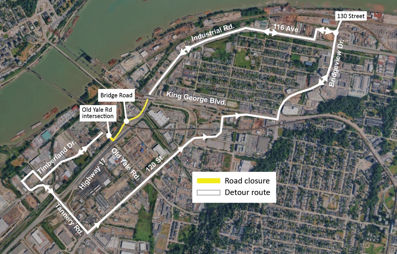 Official Pattullo Bridge Replacement aerial map with a yellow line marking the Bridge Road and Old Yale Road intersection closure and white detour routes via Timberland Drive, Tannery Road, 120 Street, Bridgeview Drive, 116 Avenue and Industrial Road